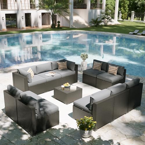 Aoxun Patio Furniture Set, 11 Piece Outdoor Sectional Sofas with Waterproof Cover, 10 Seats Wicker Rattan Outdoor Furniture Patio Conversation Set for Backyard, Garden Light Grey - Image 5