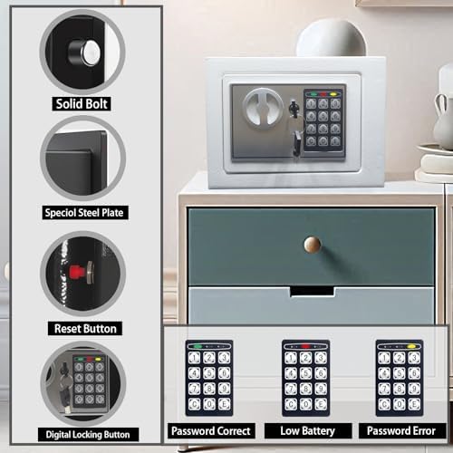Yuanshikj Small Steel Security Safe Box with Keypad,Key;0.23 Cu Ft, White - Image 2