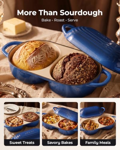 Mini Double Dutch Oven for Sourdough, Enameled Cast Iron Bread Pan, Blue - Image 4