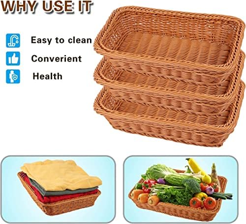 KEILEOHO 3 Packs Poly Wicker Bread Baskets of 12 Inch, Handmade Woven Pantry Organizer, Tabletop Food Serving Baskets for Fruits, Vegetables and Snacks, Restaurant, Hotel Serving, Brown - Image 4