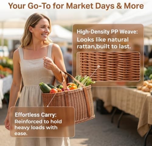 Shopping Wicker Basket with Handles, Handwoven Picnic Basket, Portable Storage Decor for Kitchen, Home, Outdoor and Farmers Market (S+M) - Image 4