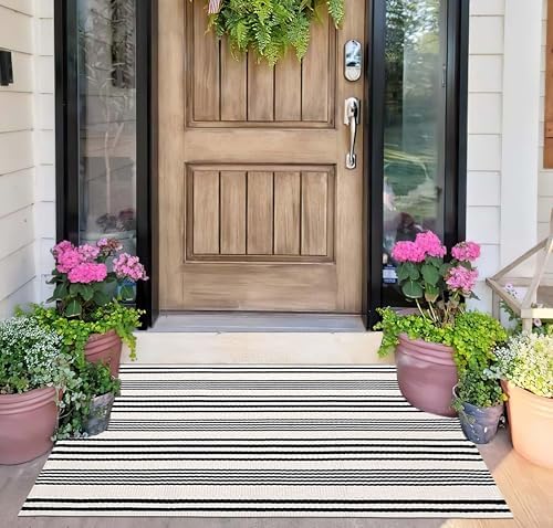 Black and White Striped Doormat 24"x35"Cotton Washable Fall Layering Rug - Image 6