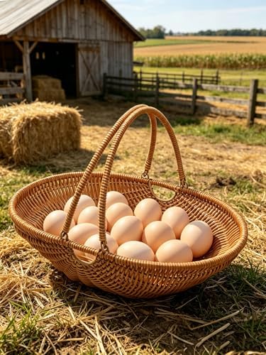 RT&BS Wicker Egg-collecting Basket with Handles, Wicker Bread Basket Oval, Handwoven Fruit Basket with Handles, Reusable Storage Baskets for Living Room, Kitchen, Store, Restaurant, Outdoor (Brown, L) - Image 2