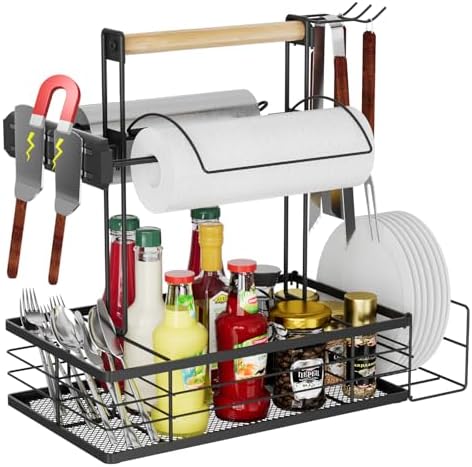 Grill Caddy with Magnetic Tool & Paper Towel Holders, Picnic Utensil Condiment Caddy, Barbecue Grill Tool Organizer for Outdoor Camping, Cooking, Camper by NEYCIL