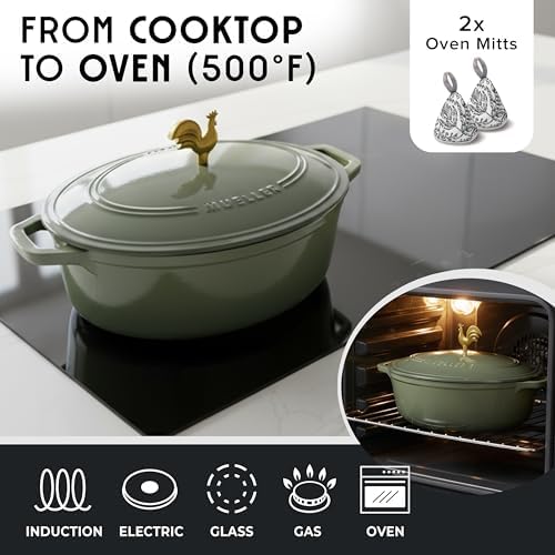 MUELLER HOME 5.5 Quart Enameled Cast Iron Oval Dutch Oven w Rooster Knob & Cotton Potholders, Heavy-Duty Cookware, Oven-Safe up to 500° F & Across All Cooktops, Gifts for Grandma & Women, Thyme Green - Image 4