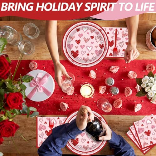 100 Pcs Valentine’s Day Heart Tableware Party Supplies Set, Serves 25 – Disposable Pink & Red Heart Paper Plates, Napkins, and Forks for Romantic Dinner, Bridal Shower, Love-Themed Party Decorations - Image 4