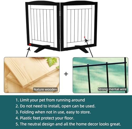 ZJSF Freestanding Dog Fence Indoor, Foldable Dog Gate for Doorways, Stairs or Hallways, Sturdy Wood Extra Wide Pet Gate with Support Feet for The House, Black, 24 "Height-2 Panels - Image 6