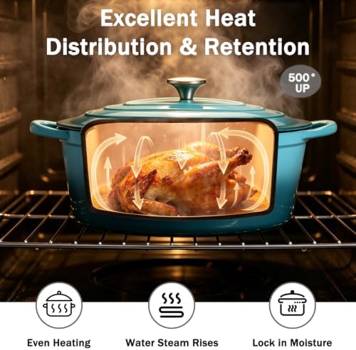 Enameled Dutch Oven Pot with Lid, 7 QT Cast Iron Dutch Oven with Dual Handles, Oval Dutch Oven for Cooking, Bread Baking, Frying, Non-stick Enamel Coated Oven (Blue-Green) - Image 3