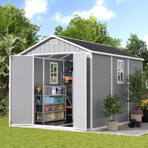 UDPATIO Storage Shed 8 x 10 FT, Resin Sheds & Outdoor Storage with Floor Large Clearance Outdoors Plastic Garden Tool Shed Tuff Outside Cottage Shed with Lockable Door for Bike, Garbage Gray White by UDPATIO