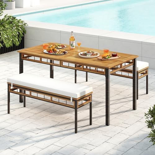 Tangkula 3 Pieces Wood Patio Dining Set, Outdoor PE Wicker Rectangular Acacia Wood Table and 2 Cushioned Benches with 1.97” Umbrella Hole, Outside Furniture Set for Deck, Garden and Backyard - Image 4