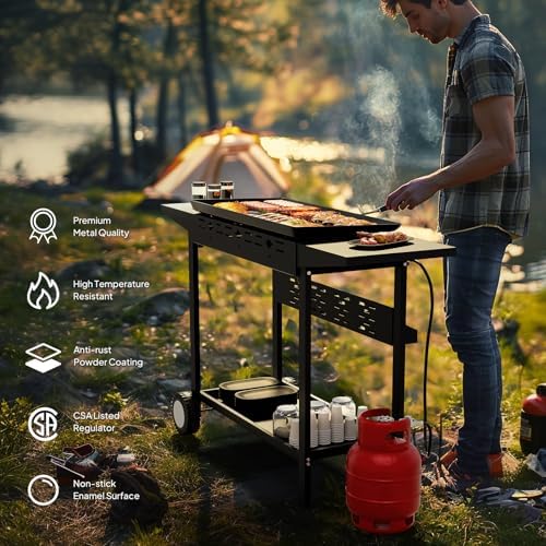 Bonnlo 4 Burner Portable Propane Griddle, 40,000BTU Gas Grill with Enameled Tray, Rolling Flat Top Grill with Electronic Ignition, Side Shelve & Regulator, Ideal for Outdoor Patio Cooking BBQ - Image 7