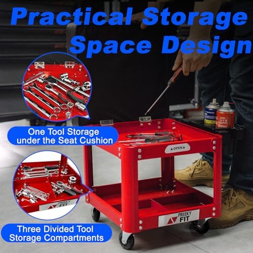 Rolling Creeper Garage Shop Seat for Men, Padded Mechanics Stool with Tool Tray Storage for Garage, Rolling Workshop Stool with Wheels, Auto Creeper Seat, 330 LBS Capacity, Heavy Duty, Red - Image 3