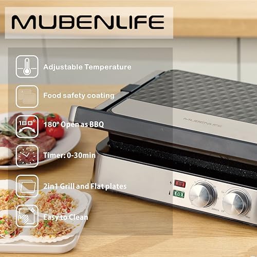 Panini Press,4 Slices Contact Grill with Removable Non-Stick Coated Grill and Flat Plates,Panini Makers with Temperature Control and Timer,Open 180 Degrees,Grill and Griddle (Half black with sus) - Image 2