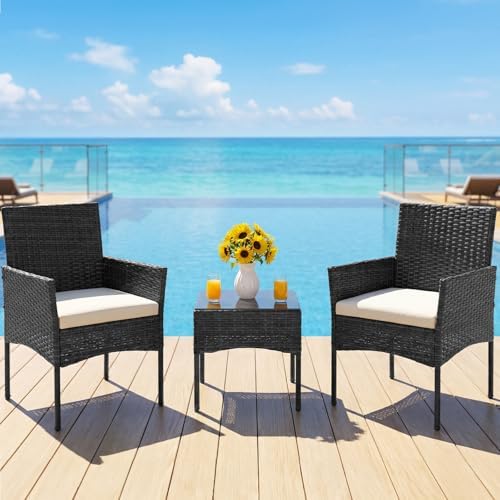 DUMOS 3-Piece Patio Furniture Set, Outdoor Wicker Bistro Set, Black - Image 3