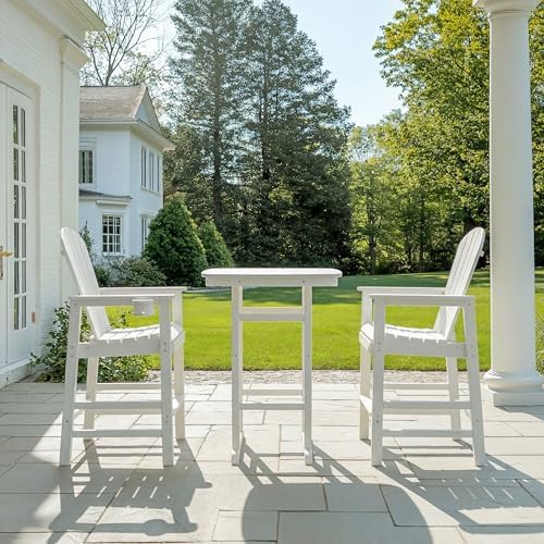 3-Piece HDPE Bar Height Table and Chairs Set, 42.1" Square High Top Pub Table with Umbrella Hole, 2 Adirondack Charis with Cup Holders, Outdoor Patio Dining Set for Bistro Backyard Deck White - Image 4