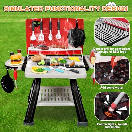 Kids Play Kitchen Toys, Kids BBQ Grill Kitchen Playset with Smoke, Sound & Light, Play Food Toys Cooking Set, 2-Layer Barbecue Outdoor Play Grill Toy Gift for Toddler Boys Girls 3-5 - Image 2