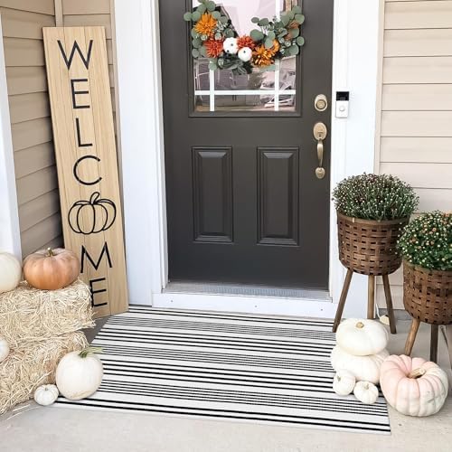 Halloween Door Mat 27.5"x43" Black and White Striped Outdoor Porch Rugs by OJIA