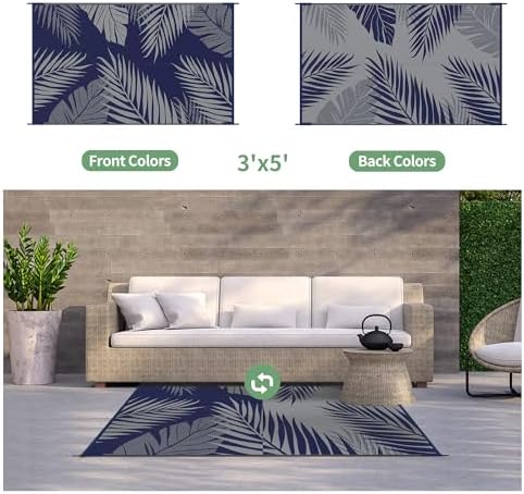 GENIMO Outdoor Rug 3'x5' Waterproof for Porch, Plastic Door Mat Blue Grey - Image 2
