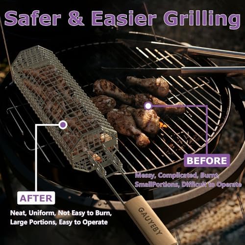 Rolling Grill Basket, 2PCS Grill Baskets for Outdoor Grill, REMOVABLE HANDLE, Anti-Scorch Stainless Steel BBQ Net Tube for Meat, Shrimp, Vegetables, BBQ Gifts for Dad, Husband (Octagon+Round) - Image 4
