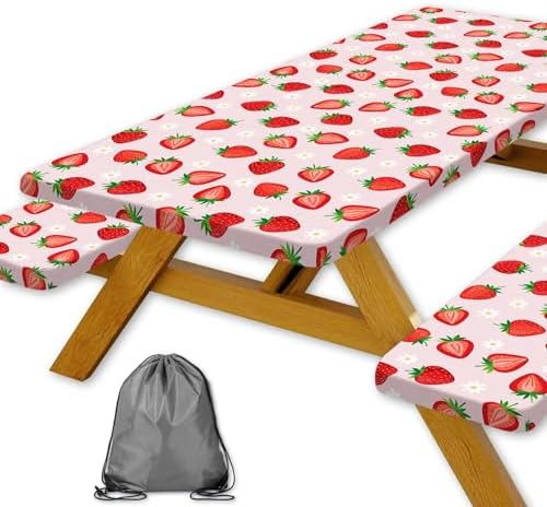 Strawberry Picnic Table Cover with Bench Covers and Bag, Camping Essentials, Berry Waterproof Windproof, Fitted Tablecloth Cover with Elastic Edge for Outdoor Garden 3 PCS 30x60 Inch by Xguatan