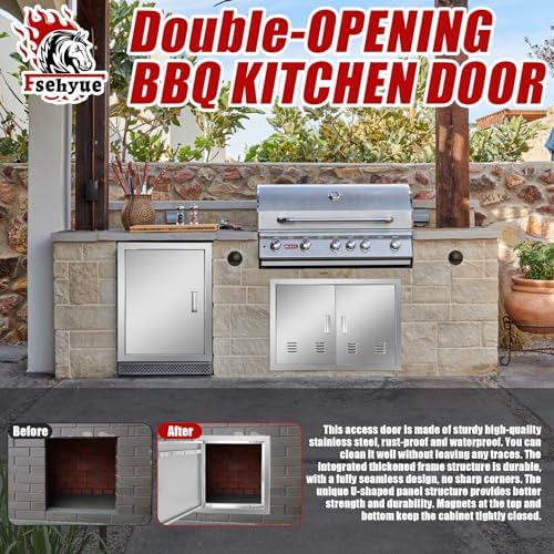 Outdoor Kitchen Door 39'' W x 26'' H Double BBQ Access Door Stainless Steel Flush Mount Doors Wall Vertical Doors with Handle and Hooks Suitable for Grilling Station BBQ Island Outside Cabinet - Image 3