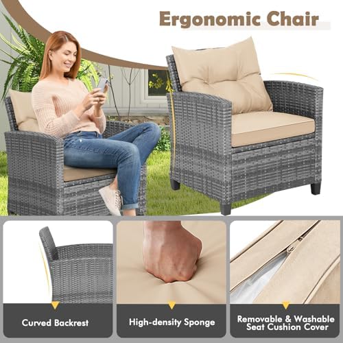 Tangkula 3 Pieces Wicker Patio Furniture Set, Outdoor Rattan Conversation Cushioned Chair Set with Tempered Glass Side Table, for Porch, Balcony and Garden - Image 7