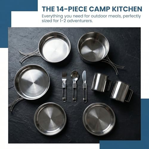 14-Piece Camping Cookware Set, 304 Stainless Steel Pots and Pans - Image 3