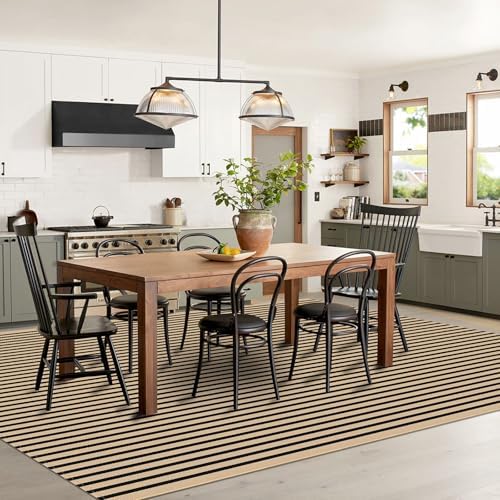 IOHOUZE 8x10 Striped Area Rug, Washable Indoor Outdoor, Tan Black - Image 2