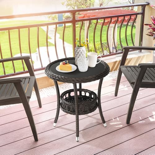 VINGLI Outdoor Wicker Side Table, Patio Side Tables for Outside Tempered Glass Top Wicker Table with Storage End Table for Balcony Porch Deck (Dark Brown) - Image 2