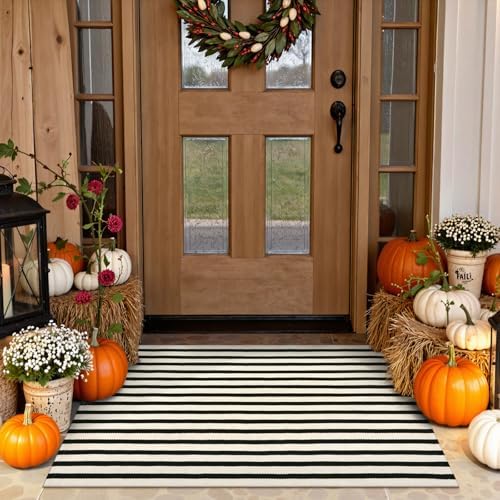 Fall Front Door Mat 2.3'x3.6', Cotton Washable Striped Outdoor Rug by Sungea