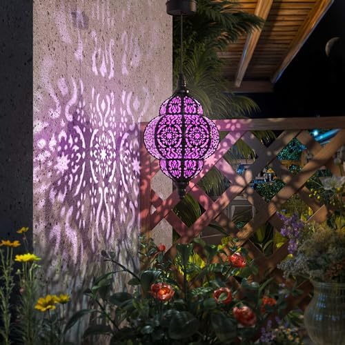 Hapjoy Hanging Solar Lights Outdoor Garden Decor Solar Lantern Waterproof Plastic Moroccan Outdoor Decorations for Patio Pathway Yard Backyard Garden Decorative (2, Purple) - Image 2