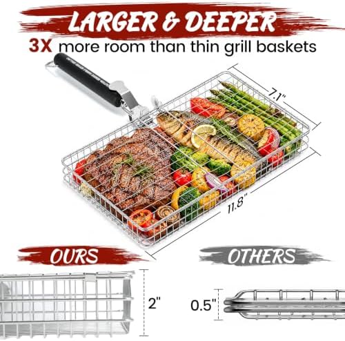 2 Pack Stainless Steel Grill Basket Set with Removable Wooden Handle, BBQ Grilling Rack for Outdoor Cooking, Portable Smoker Grilling Accessories for Fish, Vegetables, Shrimp, Meat & Chicken - Image 5