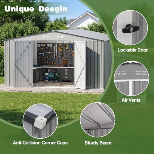 10 x 12 FT Outdoor Storage Shed, Heavy Duty Metal Shed with Lockable Double Door, 2 Magnetic Light, Sloped Roof & Vents for Garden Backyard Lawn,Gray - Image 6