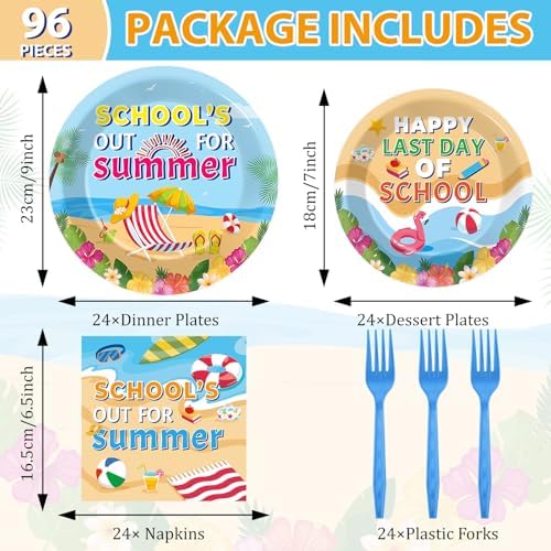 96Pcs School's Out for Summer Plates and Napkins Happy Last Day of School Party Supplies End of School Year Theme Tableware Set Hawaii Pool Themed Plates for Kids Tropical Beach Party Favors Serves 24 - Image 2