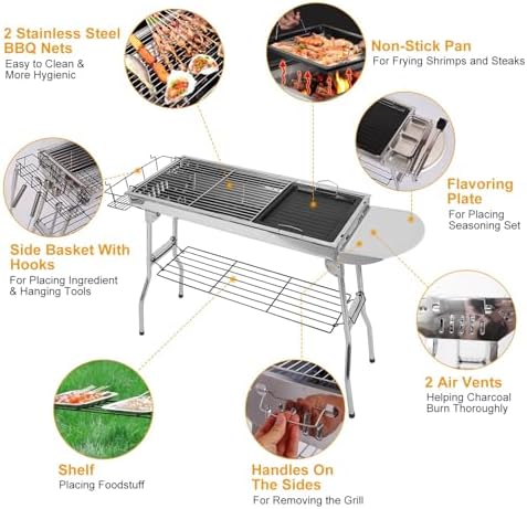 Portable Charcoal Grill, Large Stainless Steel Folding Grill with Side - Image 6