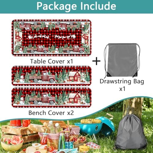Christmas Picnic Table Cover with Bench Covers and Bag, Camping Essentials, Red Plaid Xmas Waterproof Windproof, Fitted Tablecloth Cover with Elastic Edge, for Indoor & Outdoor, 3 PCS, 30x72 Inch - Image 5