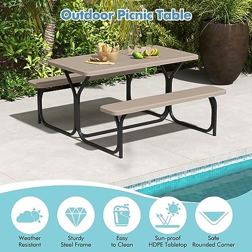 ORALNER Picnic Table, Plastic Dining Table & 2 Benches Set, Weather Resistant Wood Grain Resin Tabletop & Steel Frame, Picnic Tables for Outdoors, Porch Yard Patio Lawn Party Camping (Light Brown) - Image 4