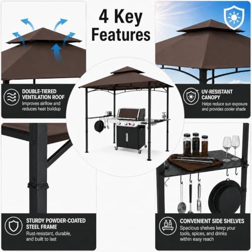 Garvee 8x5 Grill Gazebo, Outdoor BBQ Canopy Shelter with Double Tiered Roof Ventilation - Heavy Duty Patio Canopy Tent Steel Frame for Backyard Garden Lawn Grilling Party Picnic Cooking Events, Brown - Image 3