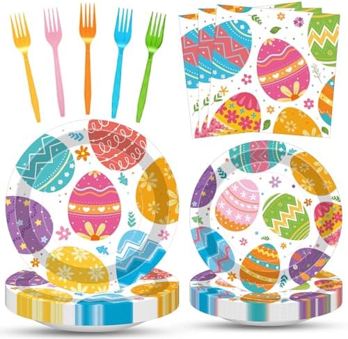 100 Pcs Easter Egg Tableware Party Supplies Set, Serves 25 – Disposable Colorful Eggs Paper Plates, Napkins, and Forks for Spring Celebration, Easter Day Egg Hunt, or Holiday Brunch Decorations by Merriva