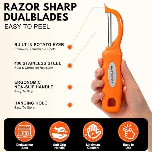 Rainspire Vegetable Peeler Potato Peelers for Kitchen, Sharp Stainless Steel Blades Veggie, Comfortable Handle Fruit Peeler, Carrot Peeler Apple Peeler Dishwasher Safe, Orange, 1-Pack - Image 6