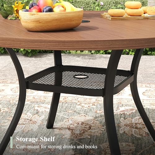 Outdoor Dining Table with Adjustable Umbrella Hole, 40.6" All-Weather Round Patio Dining Table for 4, Metal Patio Table with Storage Shelf for Garden Lawn Porch Deck Yard, Walnut - Image 5