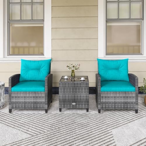 KOTEK 3 Piece Patio Furniture Set, Outdoor PE Rattan Conversation Set with Washable Cushions & Tempered Glass Tabletop, Wicker Chairs and Table Set for Porch, Garden, Balcony (Turquoise) - Image 7
