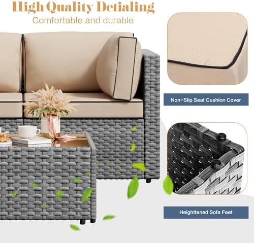 JAMFLY 5-Piece All-Season Wicker Patio Sofa Set with Thick Cushions & Coffee Table, Modular Indoor Outdoor Furniture for Poolside, Garden, Sunroom & Porch, Khaki - Image 4