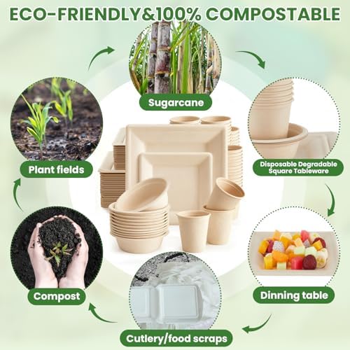 Havawish 100 Pcs Compostable Paper Plates and Bowls Set for 25 Guests, 10in & 8in Heavy Duty Sugarcane Disposable Plates 16 oz Biodegradable Cups and Paper Bowls, Party Camping Picnic(Beige) - Image 5
