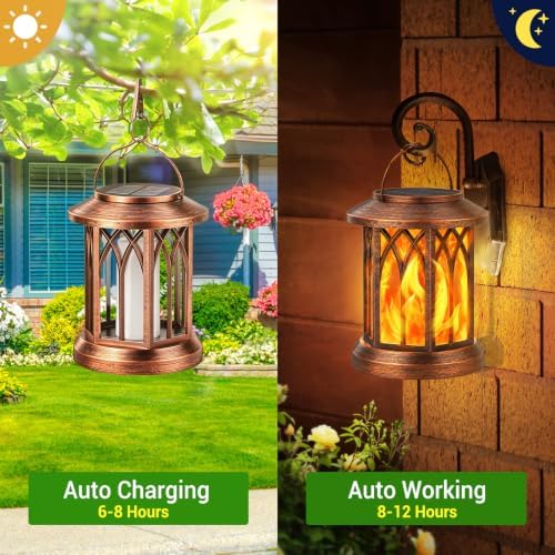 KOOPER Hanging Solar Lights Lantern Outdoor, 2 Pack Flickering Flames Solar Outdoor Lights, Solar Lanterns Outdoor Waterproof with Bigger Panel, Lanterns Decorative Outdoor for Garden Decor (Copper) - Image 2