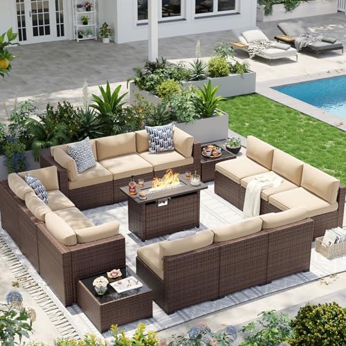 Aoxun Patio Furniture Sets, 15-Piece Outdoor Patio Furniture with 44'' Propane Gas Firepit Table, Wicker Outdoor Conversation Set Sectional Sofa for Backyard, Poolside, Garden by Aoxun