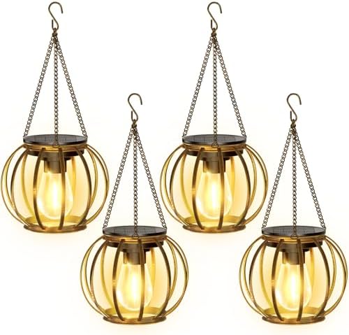 KOOPER Solar Lanterns Outdoor Waterproof, 4 Pack Upgraded Bronze Metal Hanging Solar Lights Outdoor Lanterns, Brighter Auto On/Off Outdoor Hanging Lantern for Yard Patio Pathway Porch Garden Decor by KOOPER