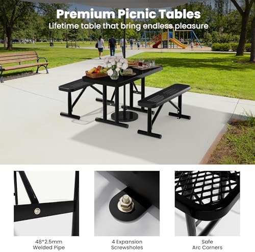 4FT Metal Picnic Tables for Outdoors, Commercial Rectangular Picnic Table for Outside, Park, Campfield, Patio, Garden, Yard, Thermoplastic Coating, Surface Mounted, Black - Image 4