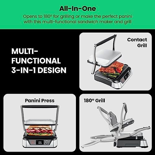 Chefman 5-in-1 Digital Panini Press Grill Sandwich Maker and Griddle Grill Combo with Removable, Reversible Dishwasher-Safe Grilling Plates, Opens 180° for Indoor BBQ /Flat Top Grill, Stainless steel - Image 3