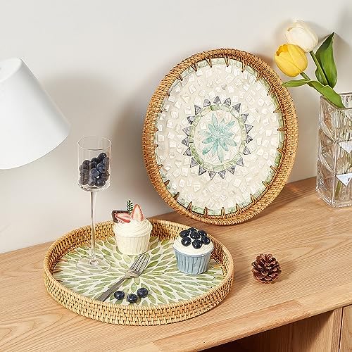 Kmelep Round Rattan Tray with Mother of Pearl Inlay, Rattan Serving Tray with Wooden Base, Decorative Wicker Basket for Table Decor, Storage and Display of Coffee Bread Food Fruit (Bohemia) - Image 3